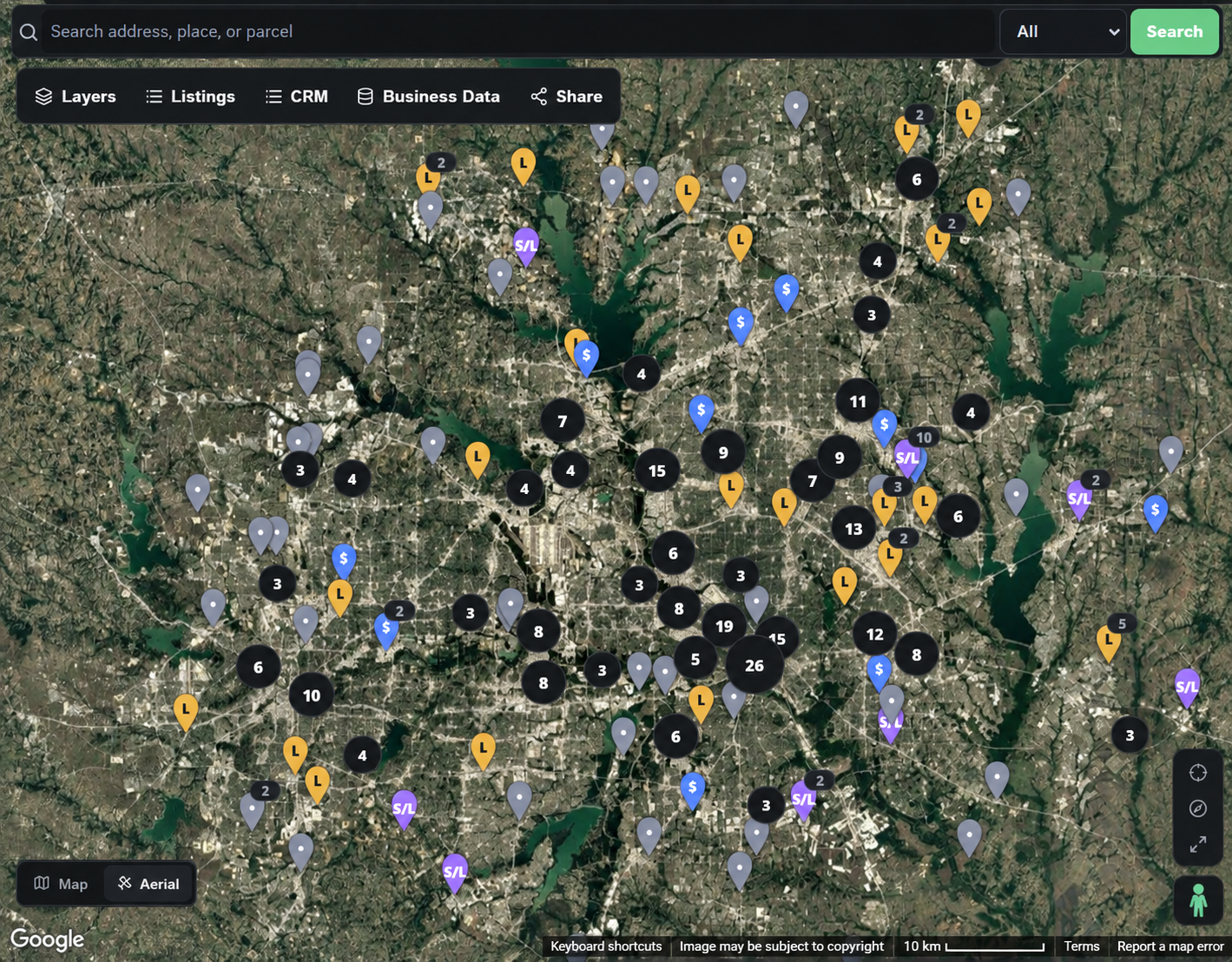 Illustration based on the LOKI aerial map, showing listing markers, search, and map controls.